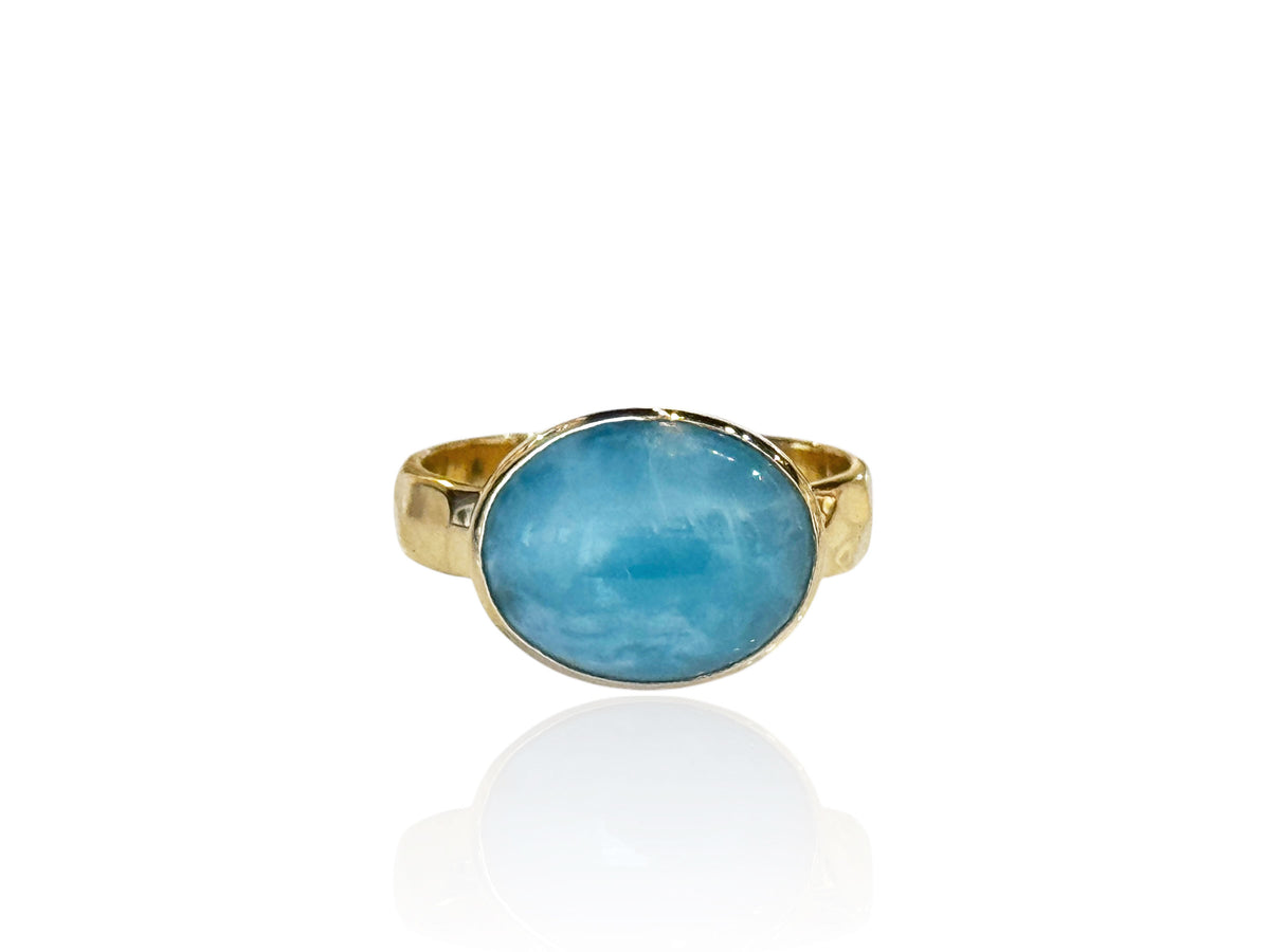 Larimar Oval Gold Ring Hammered Band