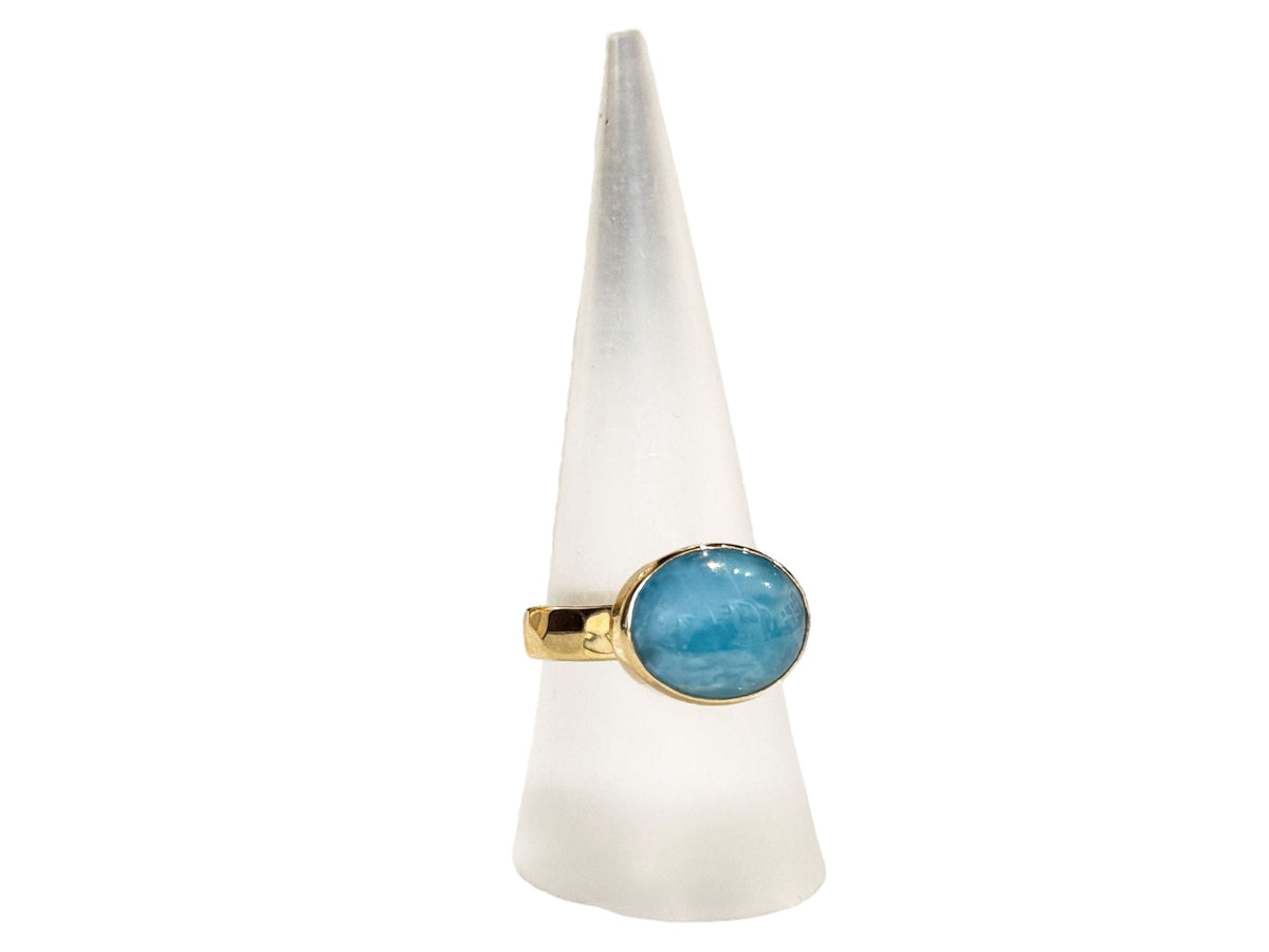 Larimar Oval Gold Ring Hammered Band