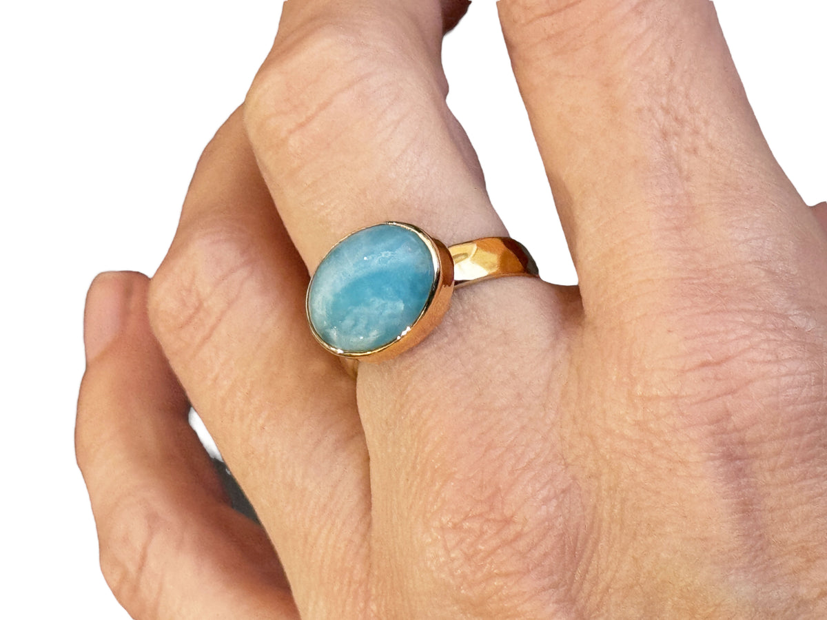 Larimar Oval Gold Ring Hammered Band