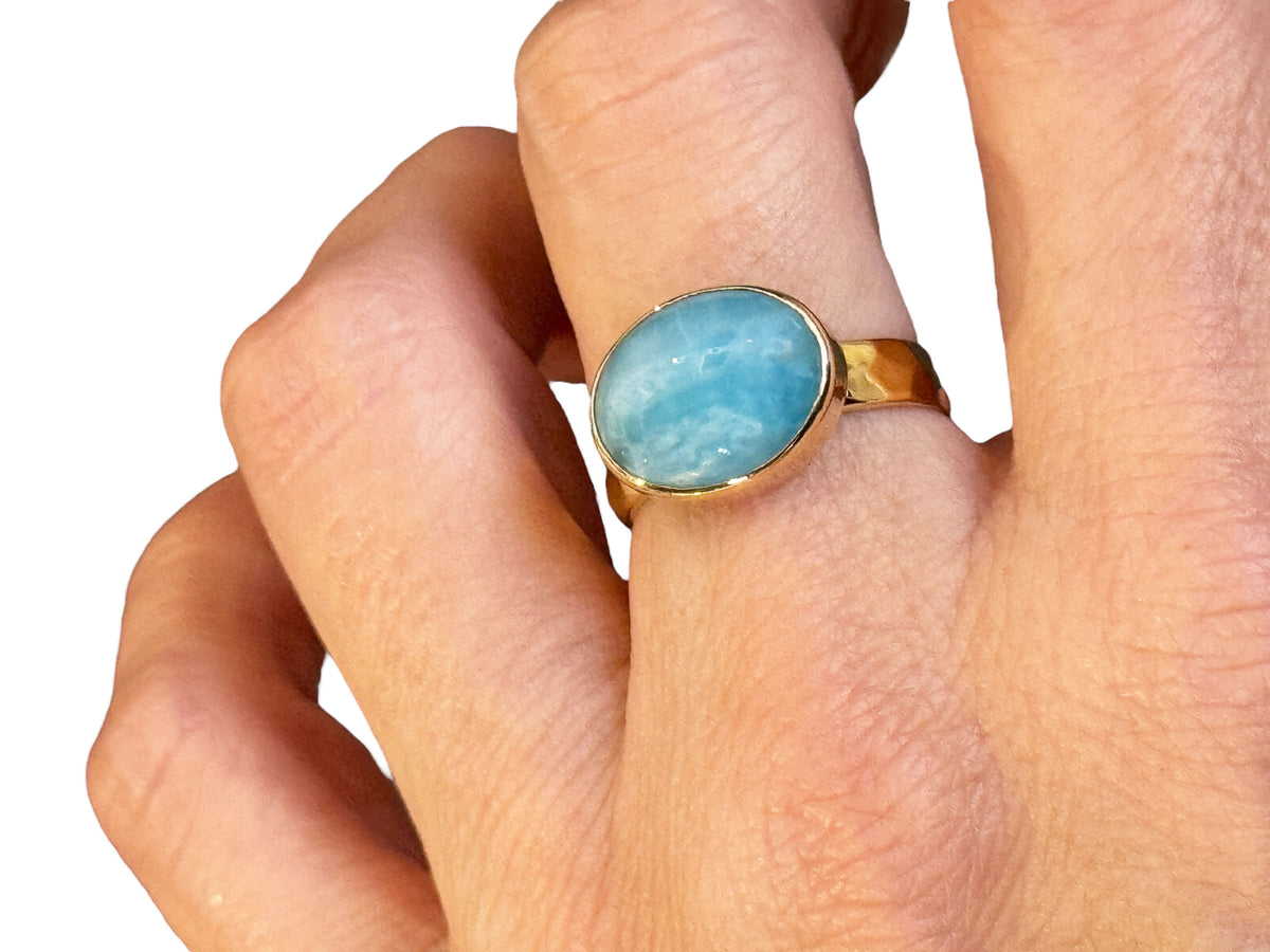 Larimar Oval Gold Ring Hammered Band