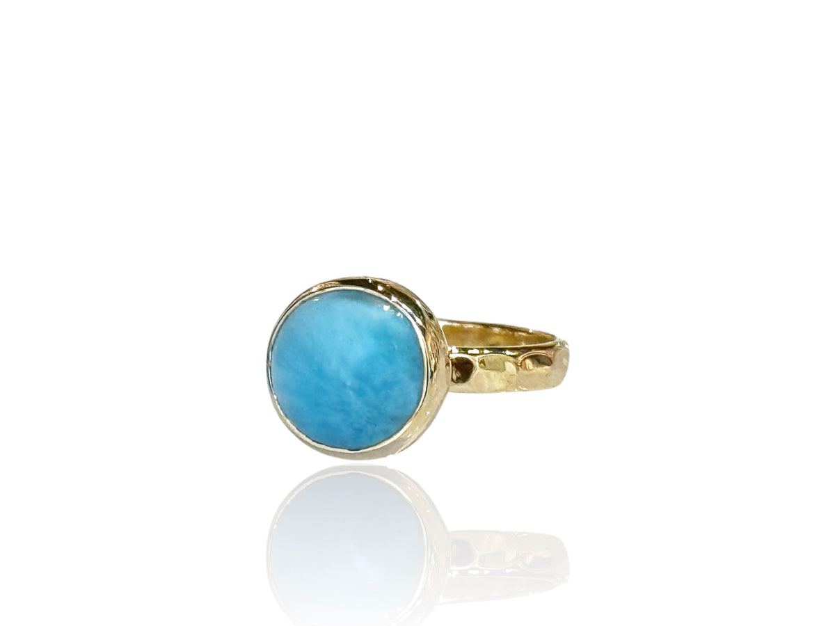 Larimar Ring Gold Round Stone Hammered Band