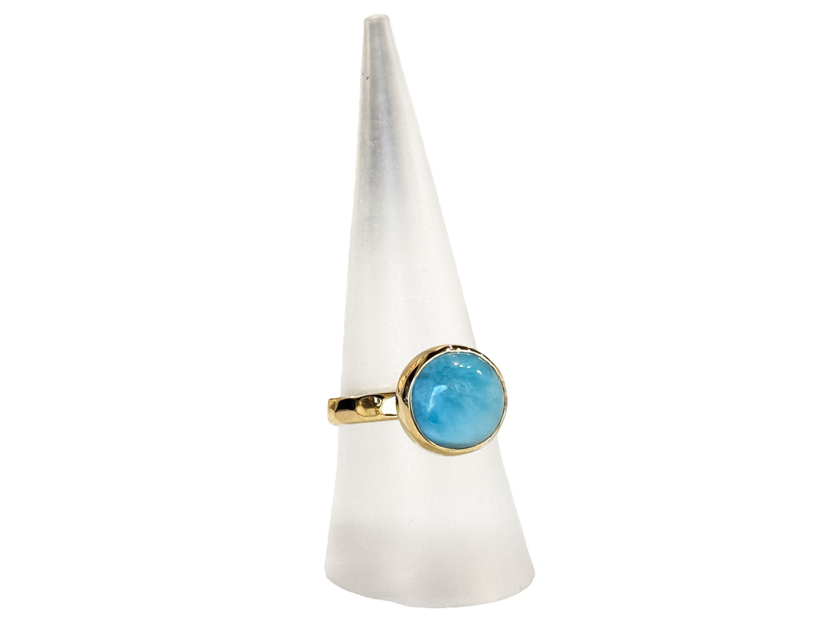 Larimar Ring Gold Round Stone Hammered Band