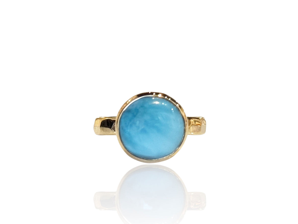 Larimar Ring Gold Round Stone Hammered Band