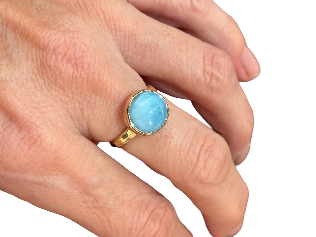 Larimar Ring Gold Round Stone Hammered Band