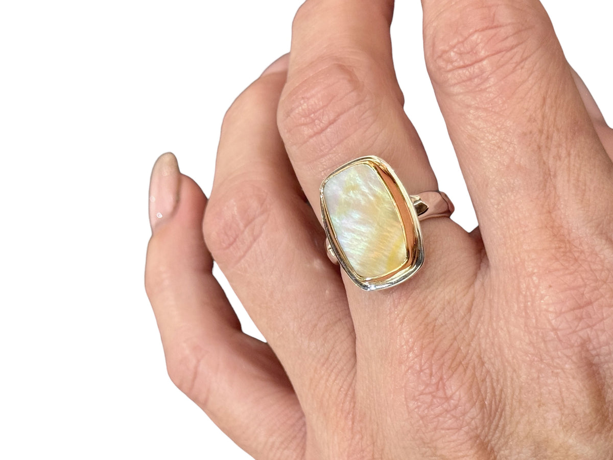 Gold Mother of Pearl Oval Ring Gold and Silver Size 7