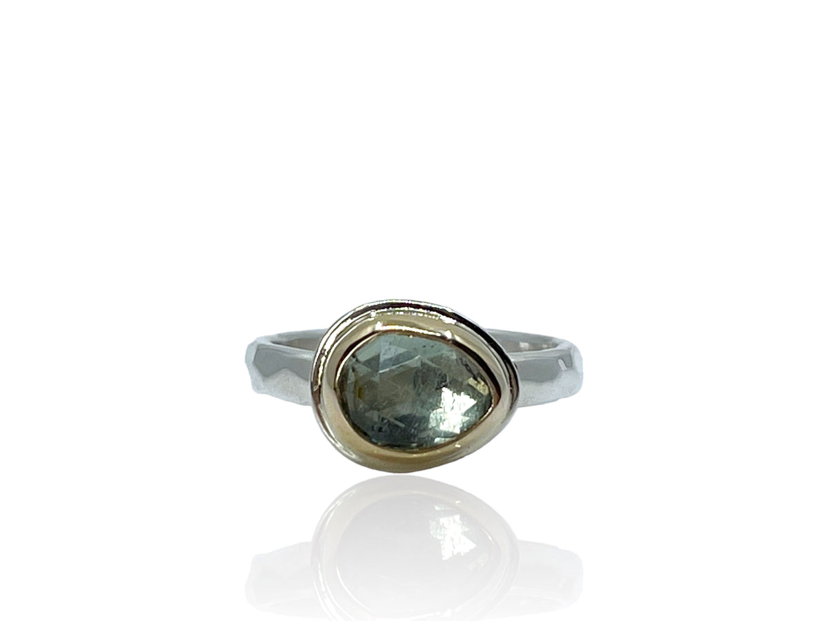 Green Aquamarine Ring Silver and Gold Size 7
