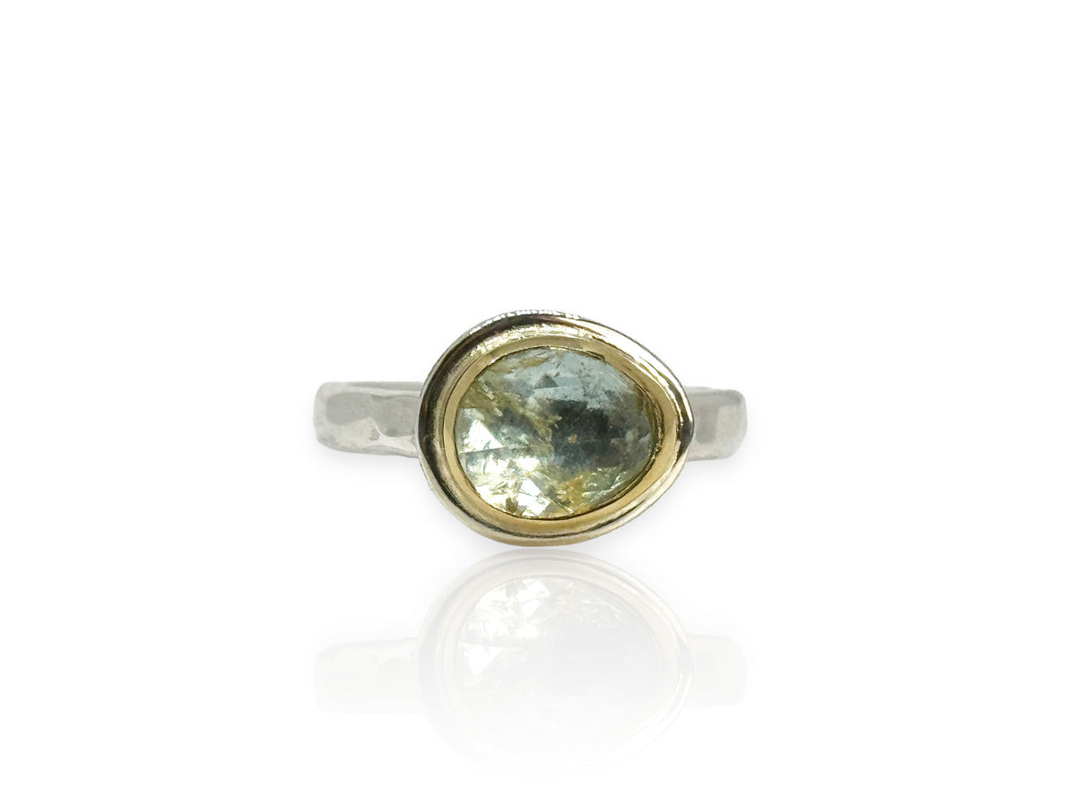 Blue Green Iron Aquamarine Ring Silver and Gold Size 7
