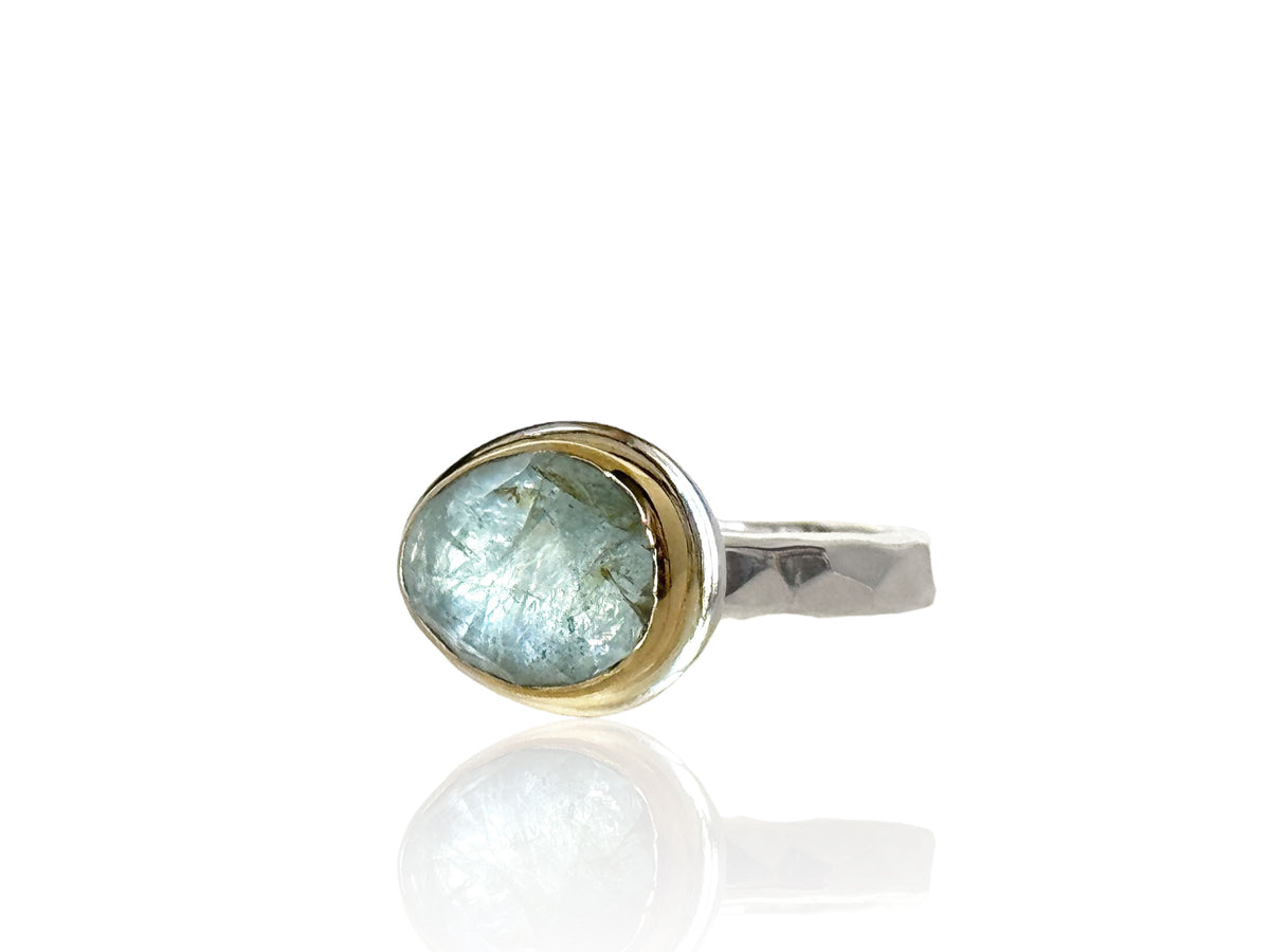 Blue Green Iron Aquamarine Ring Silver and Gold Size 6-1/2