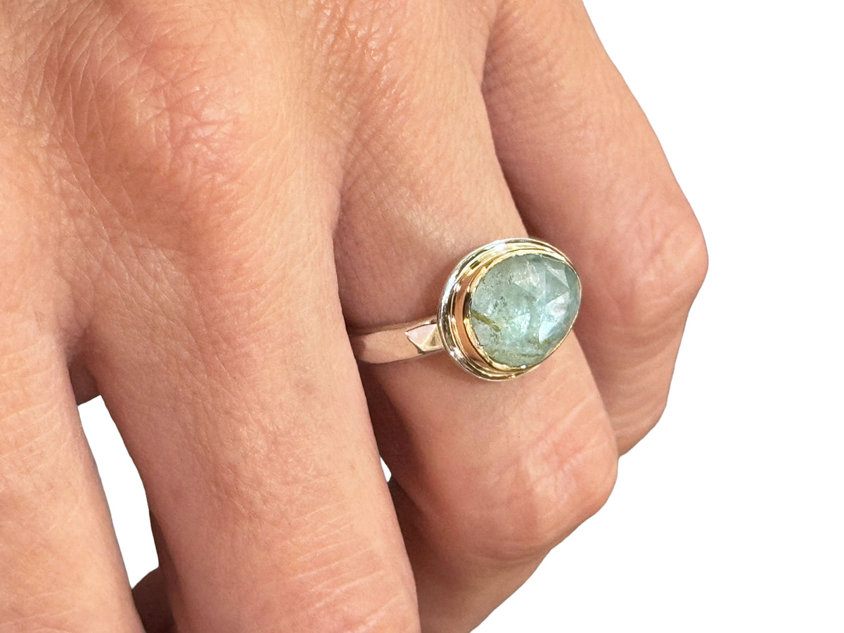 Blue Green Iron Aquamarine Ring Silver and Gold Size 6-1/2