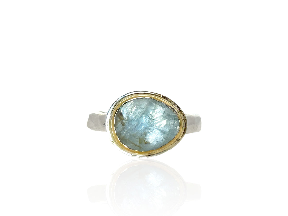 Blue Green Iron Aquamarine Ring Silver and Gold Size 6-1/2