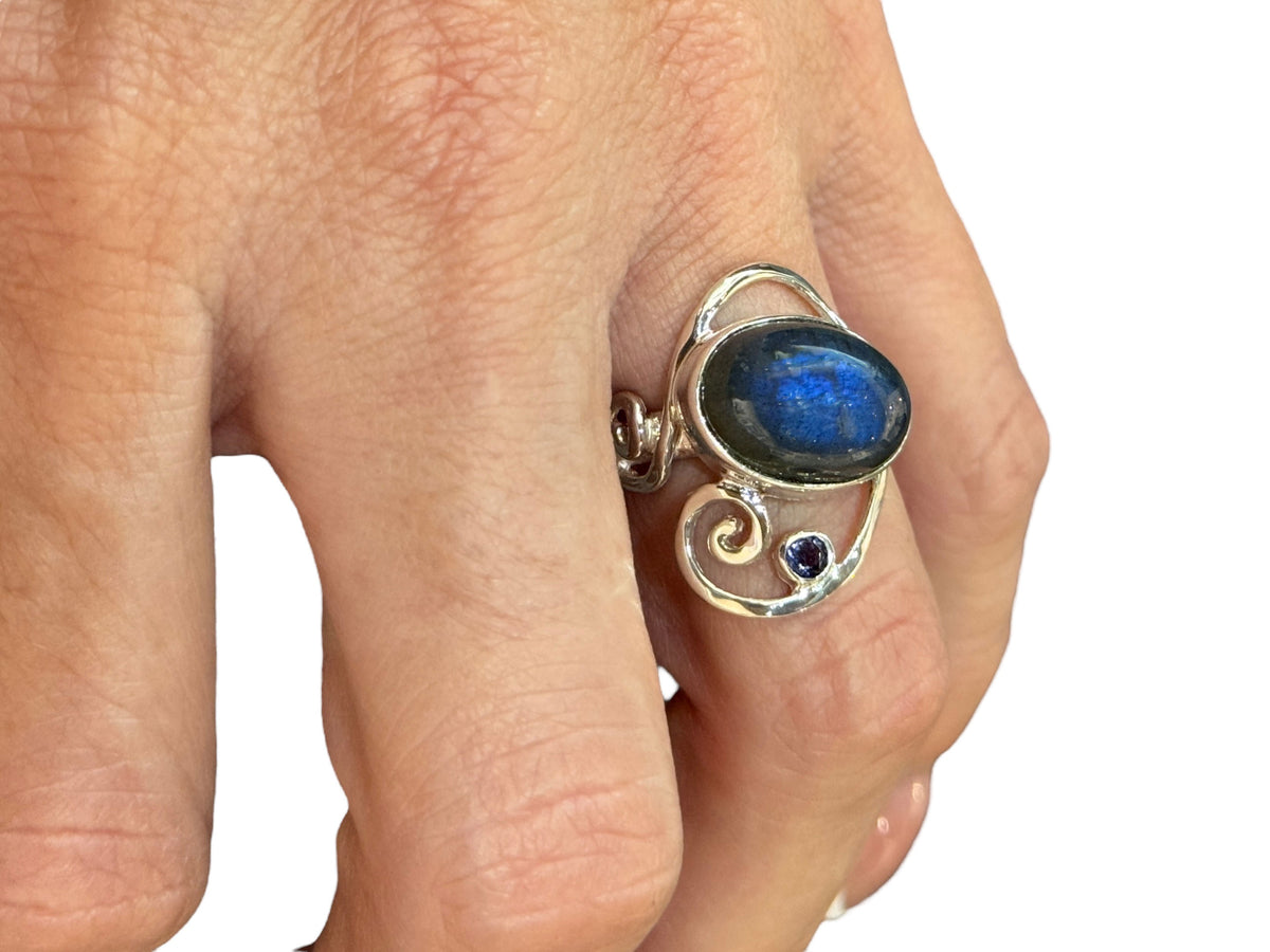 Labradorite Silver Swirl Ring with Iolite