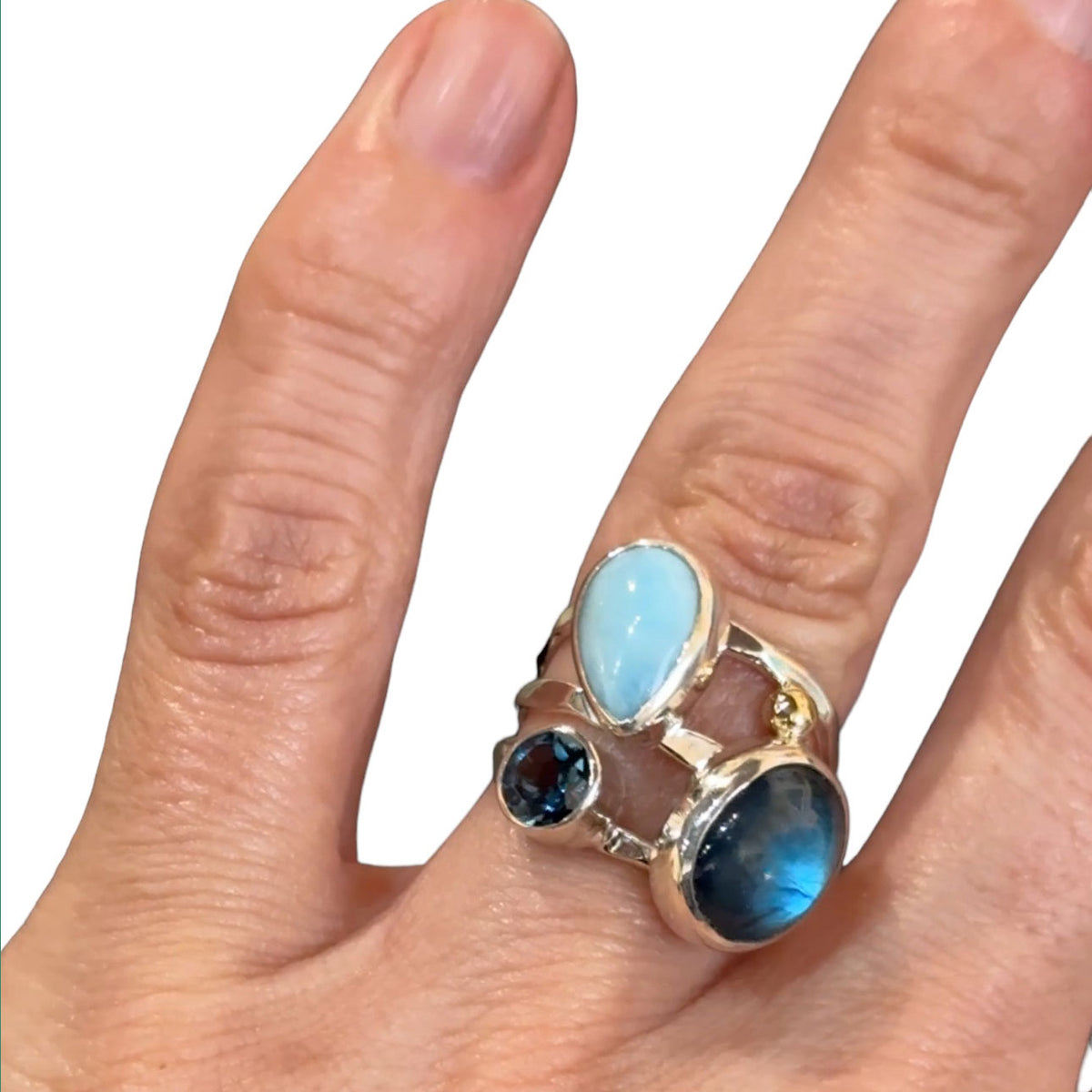 Larimar Rings with Labradorite and Blue Topaz
