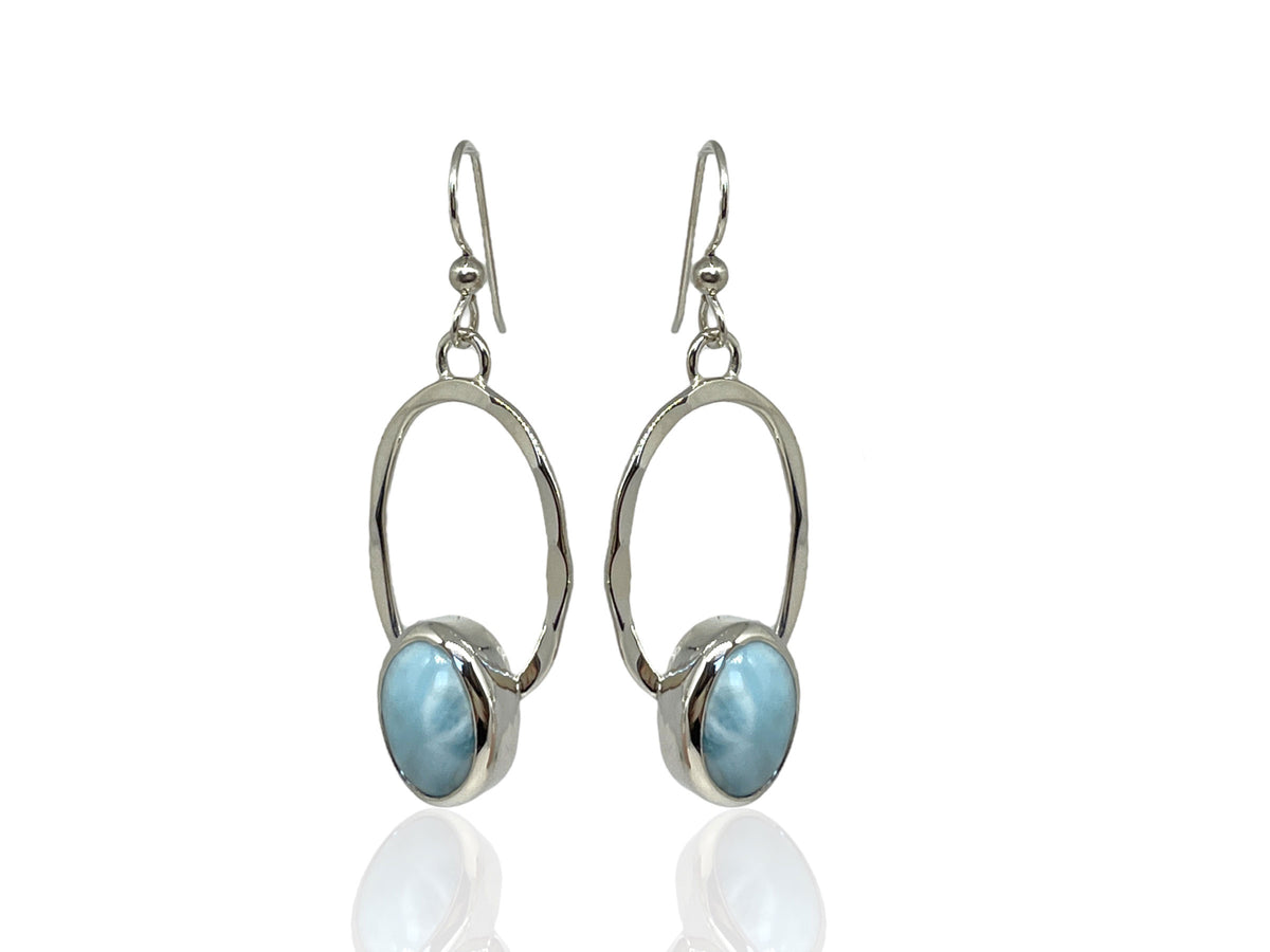 Oval Hammered Silver Hoop Earrings with Larimar