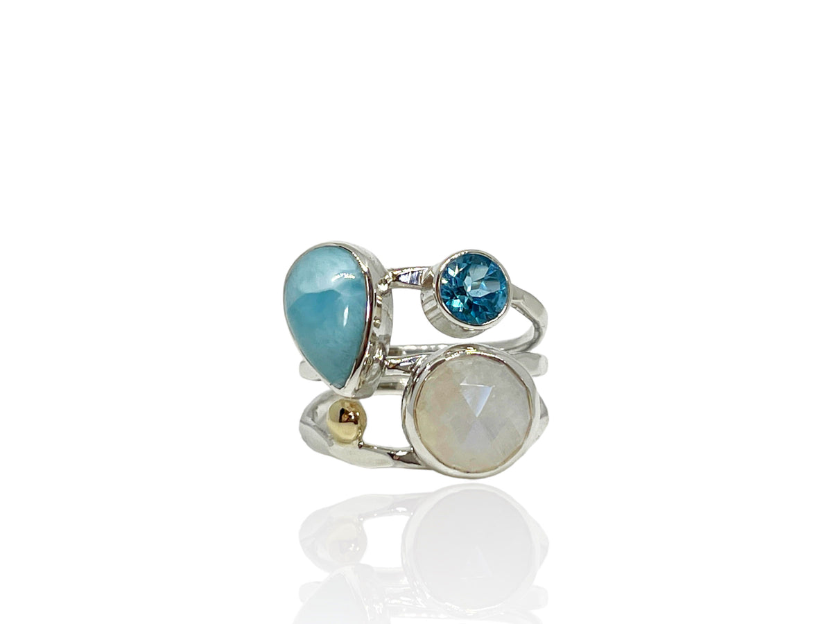 Larimar Ring with Faceted Moonstone and Blue Topaz