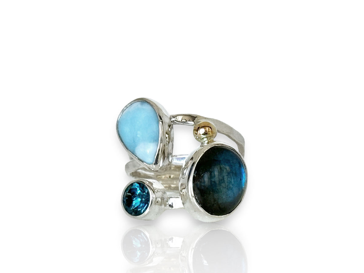 Larimar Rings with Labradorite and Blue Topaz