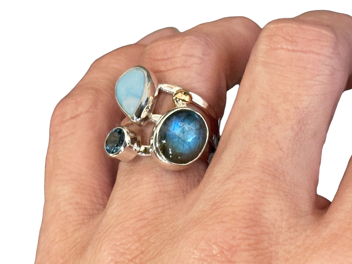 Larimar Rings with Labradorite and Blue Topaz