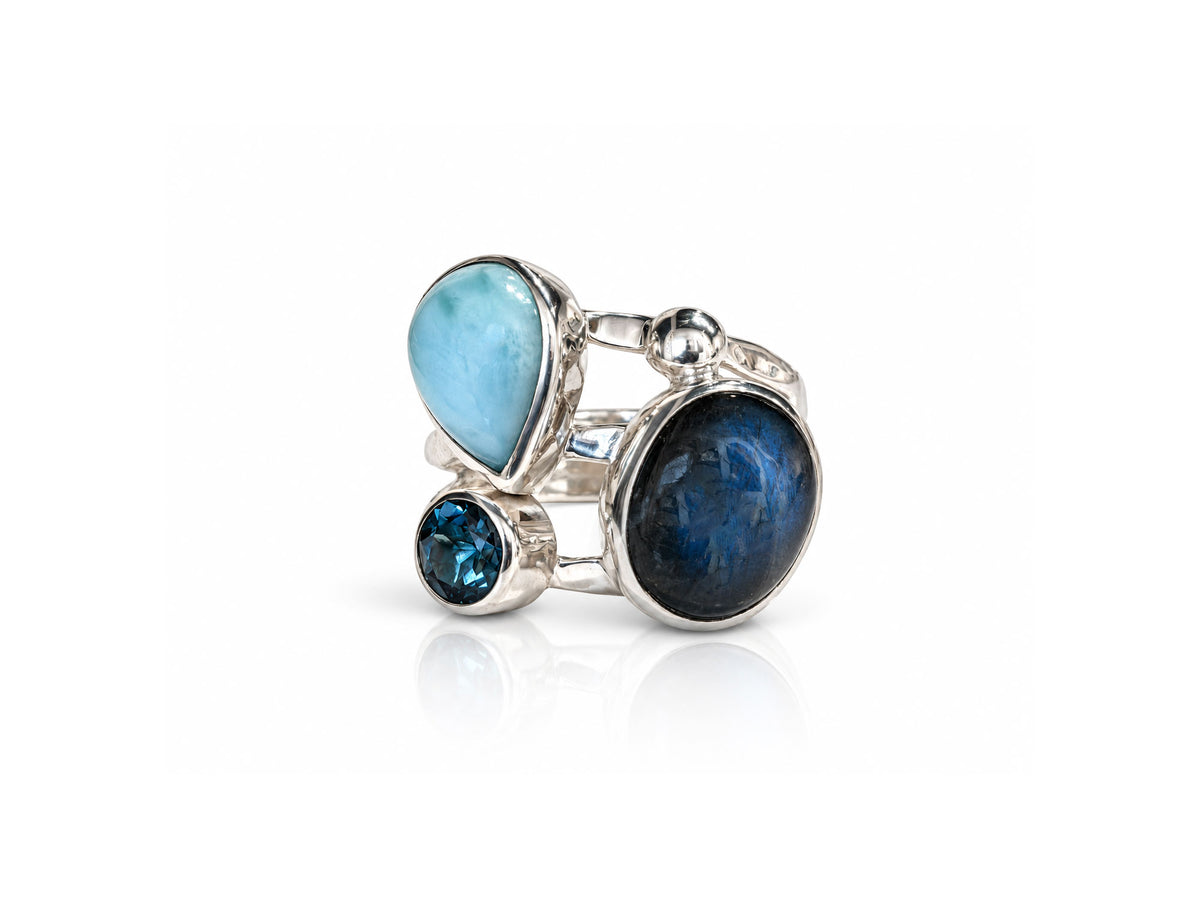 Larimar Rings with Labradorite and Blue Topaz