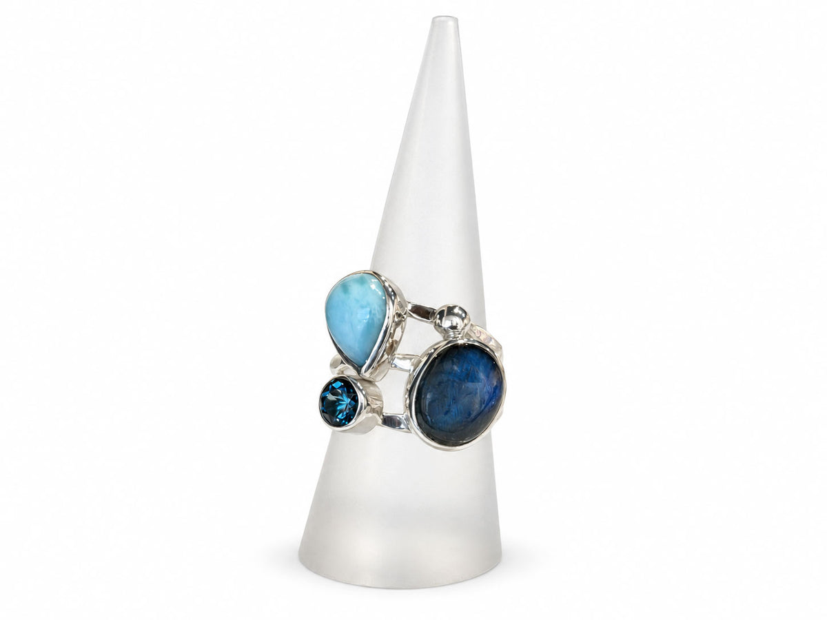 Larimar Rings with Labradorite and Blue Topaz