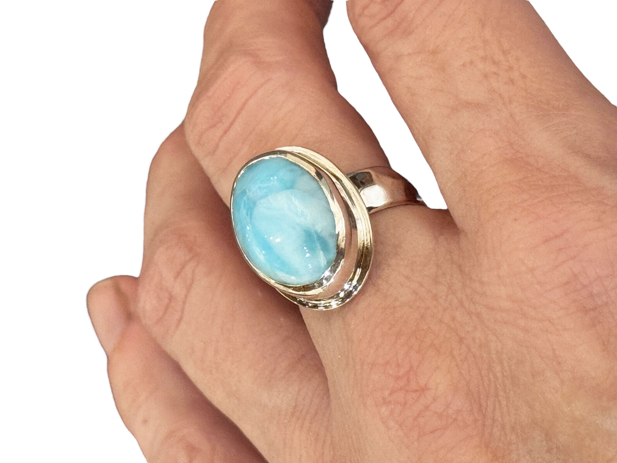 Larimar Ring with Wide Hammered Band Size 8