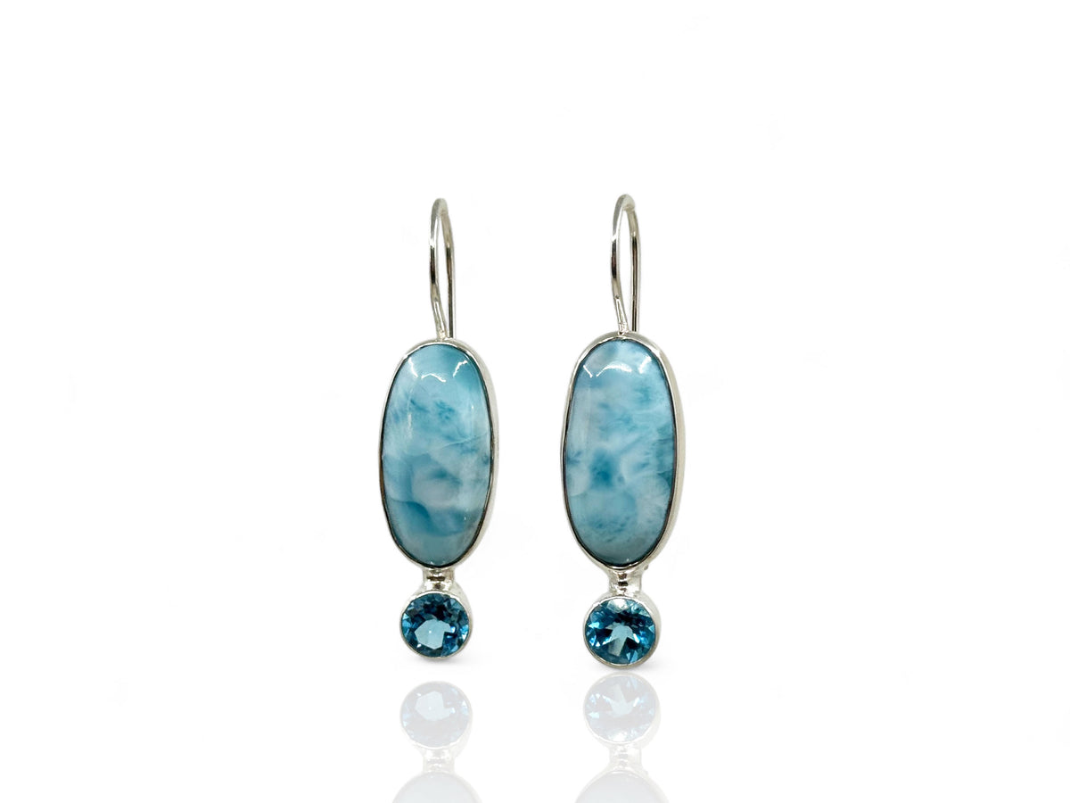 Oval Larimar Silver Hoop Earrings with Blue Topaz