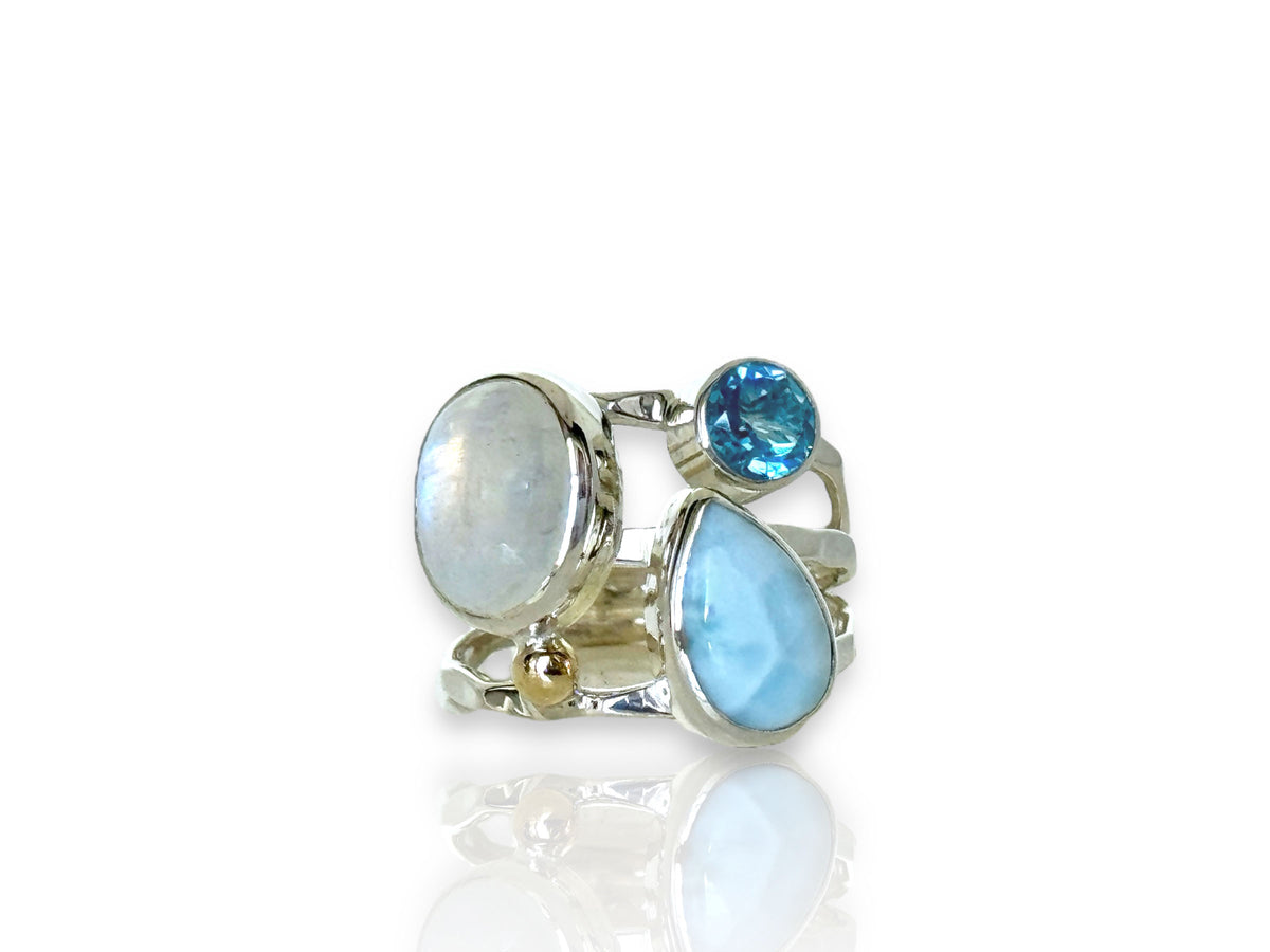 Larimar Rings with Gold, Moonstone and Blue Topaz