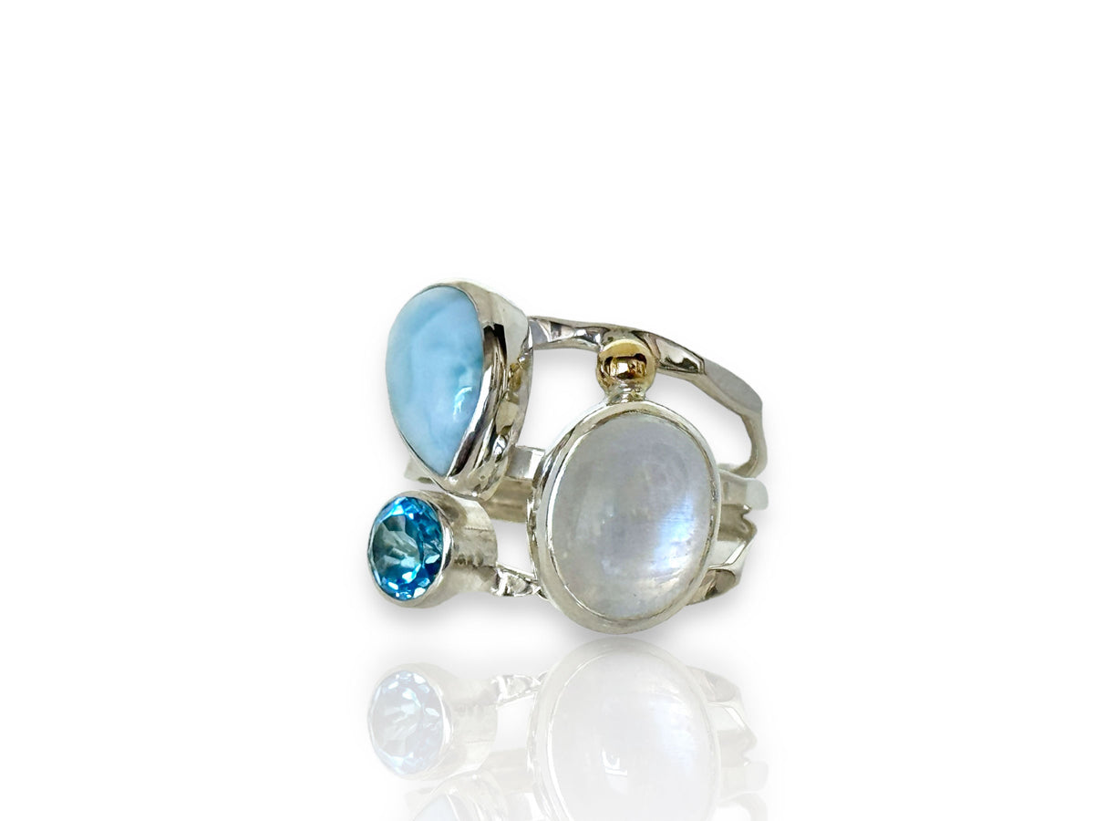 Larimar Rings with Gold, Moonstone and Blue Topaz