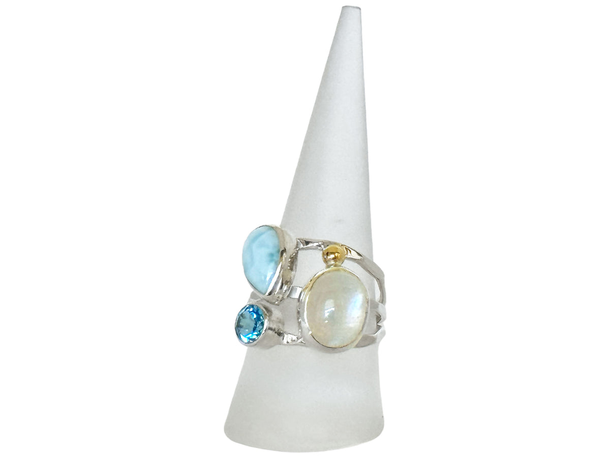 Larimar Rings with Gold, Moonstone and Blue Topaz