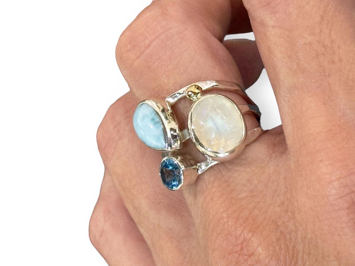 Larimar Rings with Gold, Moonstone and Blue Topaz