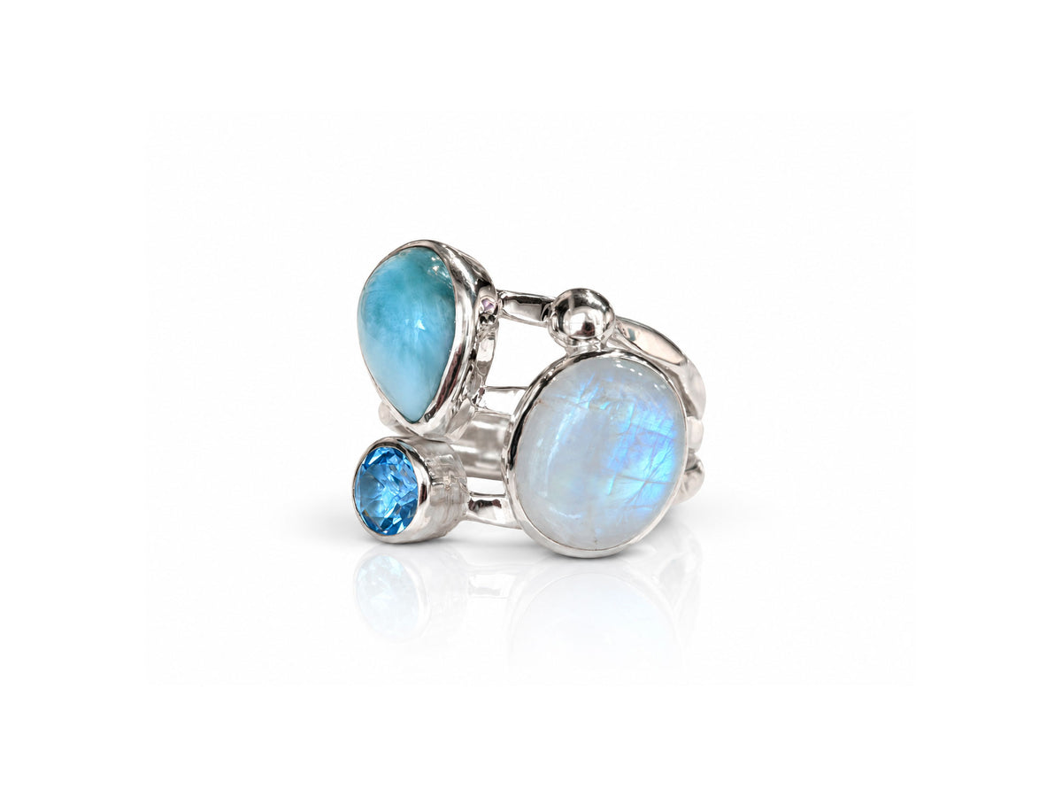 Larimar Rings with Moonstone and Blue Topaz
