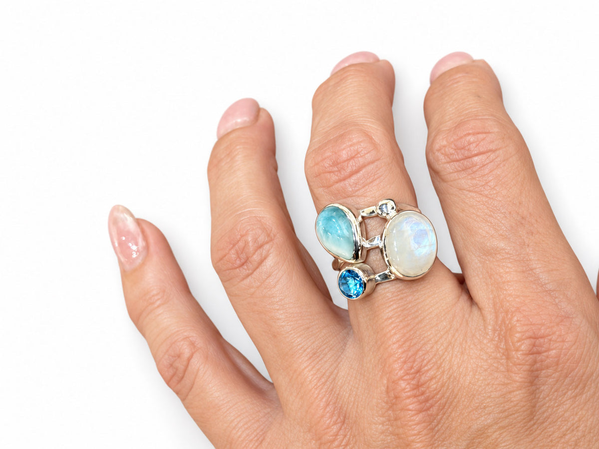 Larimar Rings with Moonstone and Blue Topaz