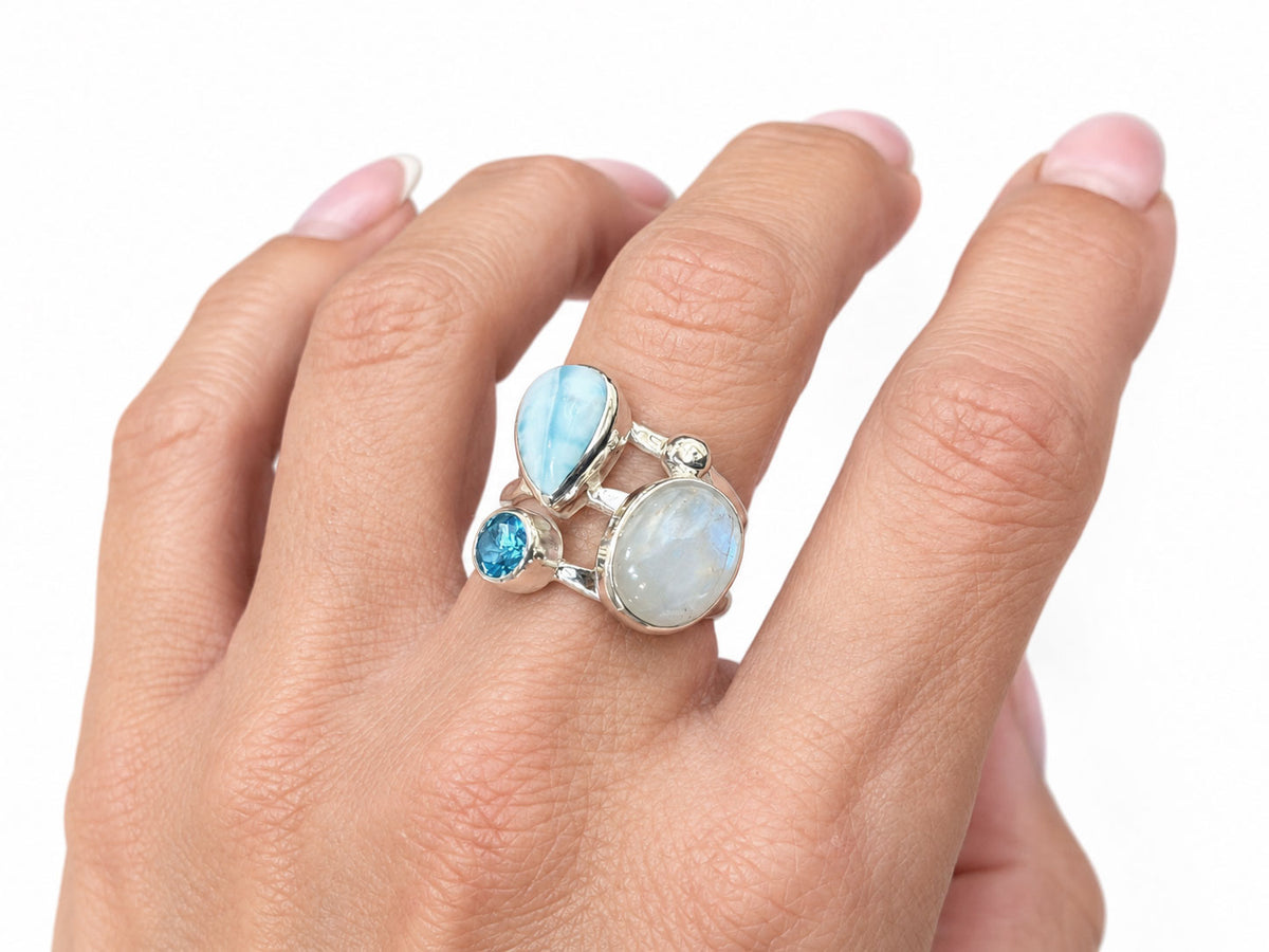Alternate view of the larimar, moonstone and blue topaz silver ring