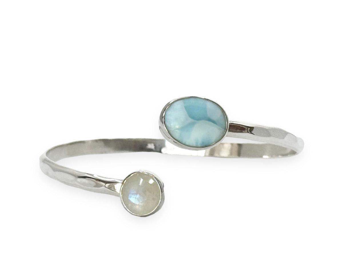 Larimar and Rainbow Moonstone Silver Bypass Cuff Bracelet