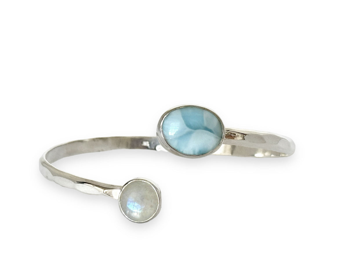 Larimar and Rainbow Moonstone Silver Bypass Cuff Bracelet