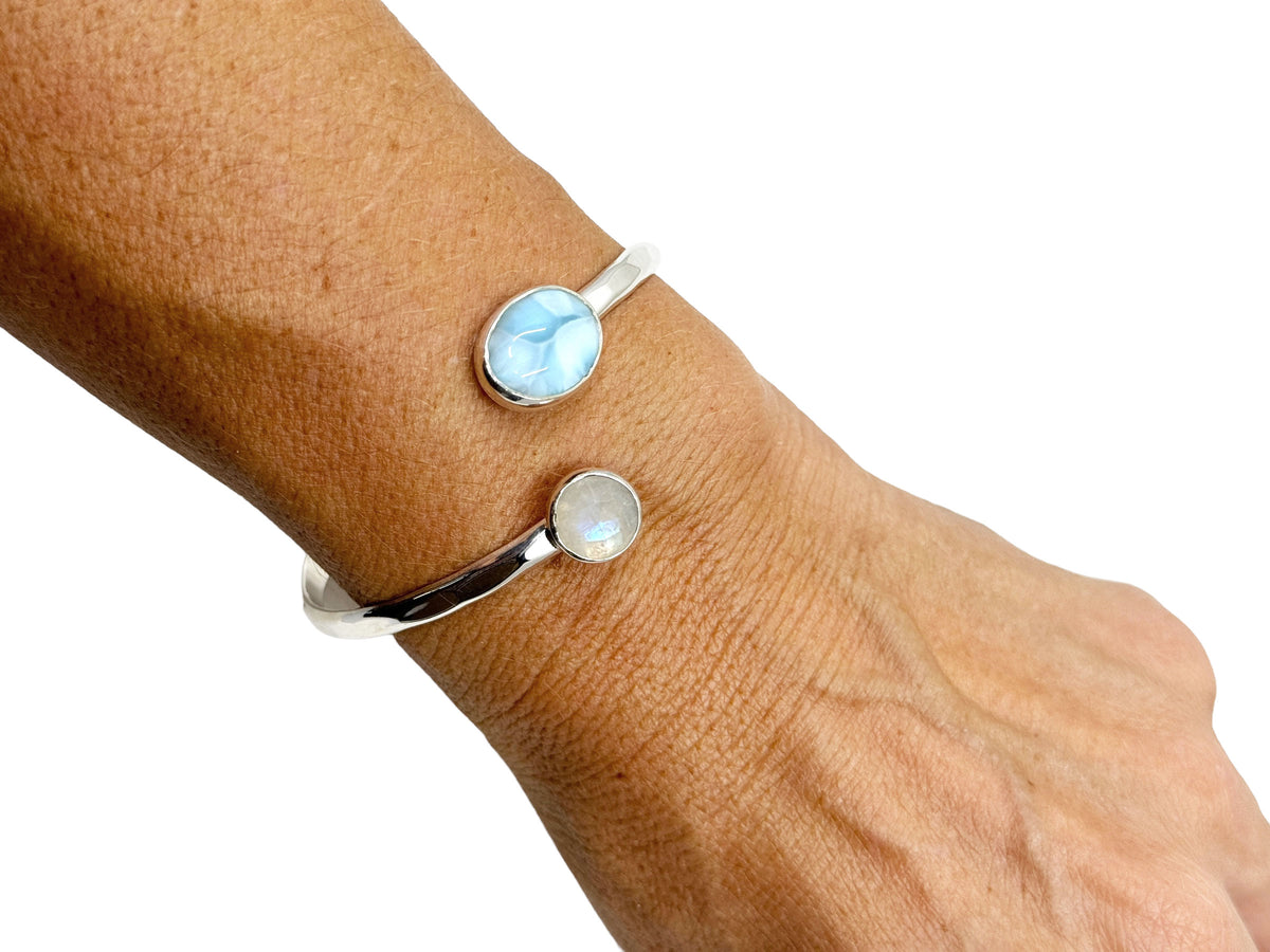 Larimar and Rainbow Moonstone Silver Bypass Cuff Bracelet