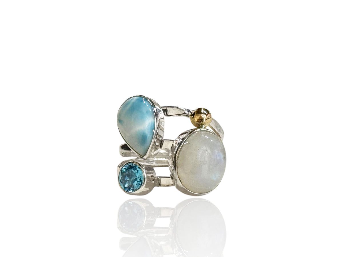 Larimar Rings with Gold, Moonstone and Blue Topaz