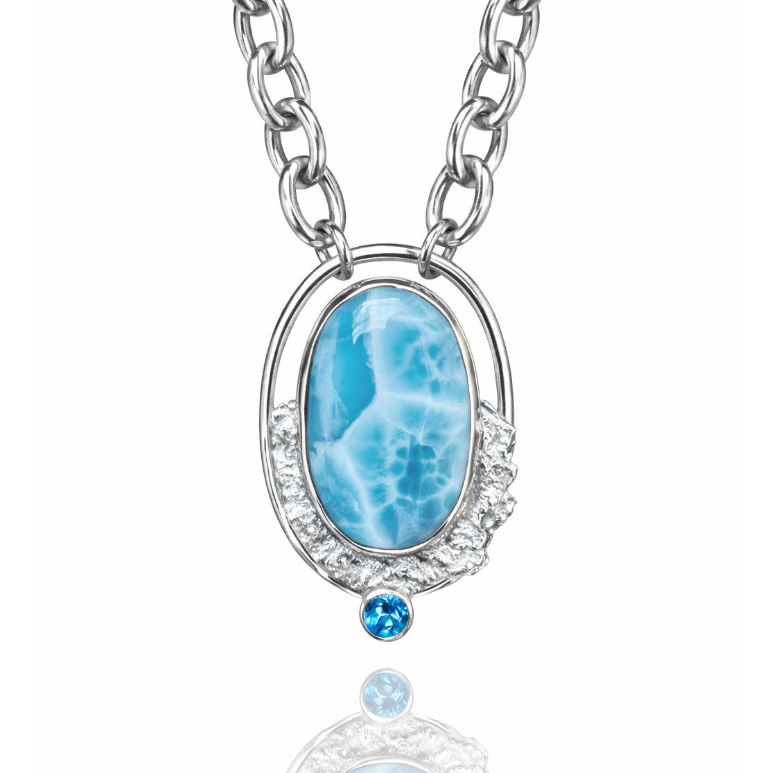 Caribbean Larimar Oval Necklace with Blue Topaz and Textured Silver