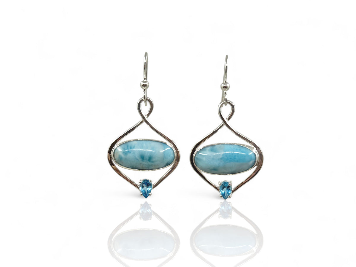 Larimar Long Oval Side Set Silver Earrings with Pear Blue Topaz