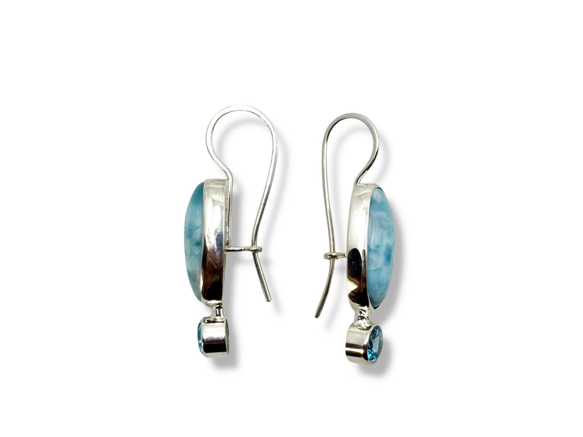 Oval Larimar Silver Hoop Earrings with Blue Topaz