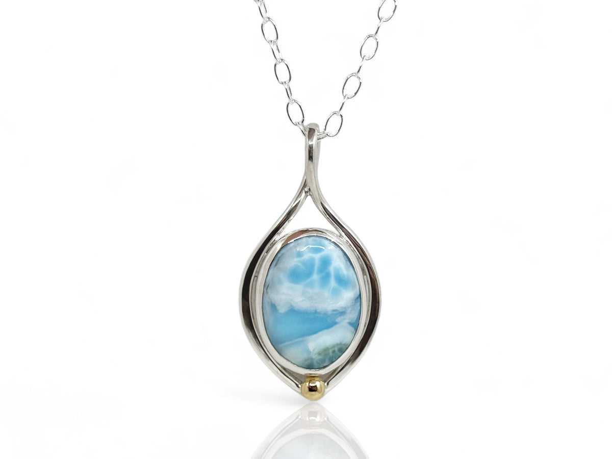 Larimar Drop Shaped Oval Pendant Silver and Gold