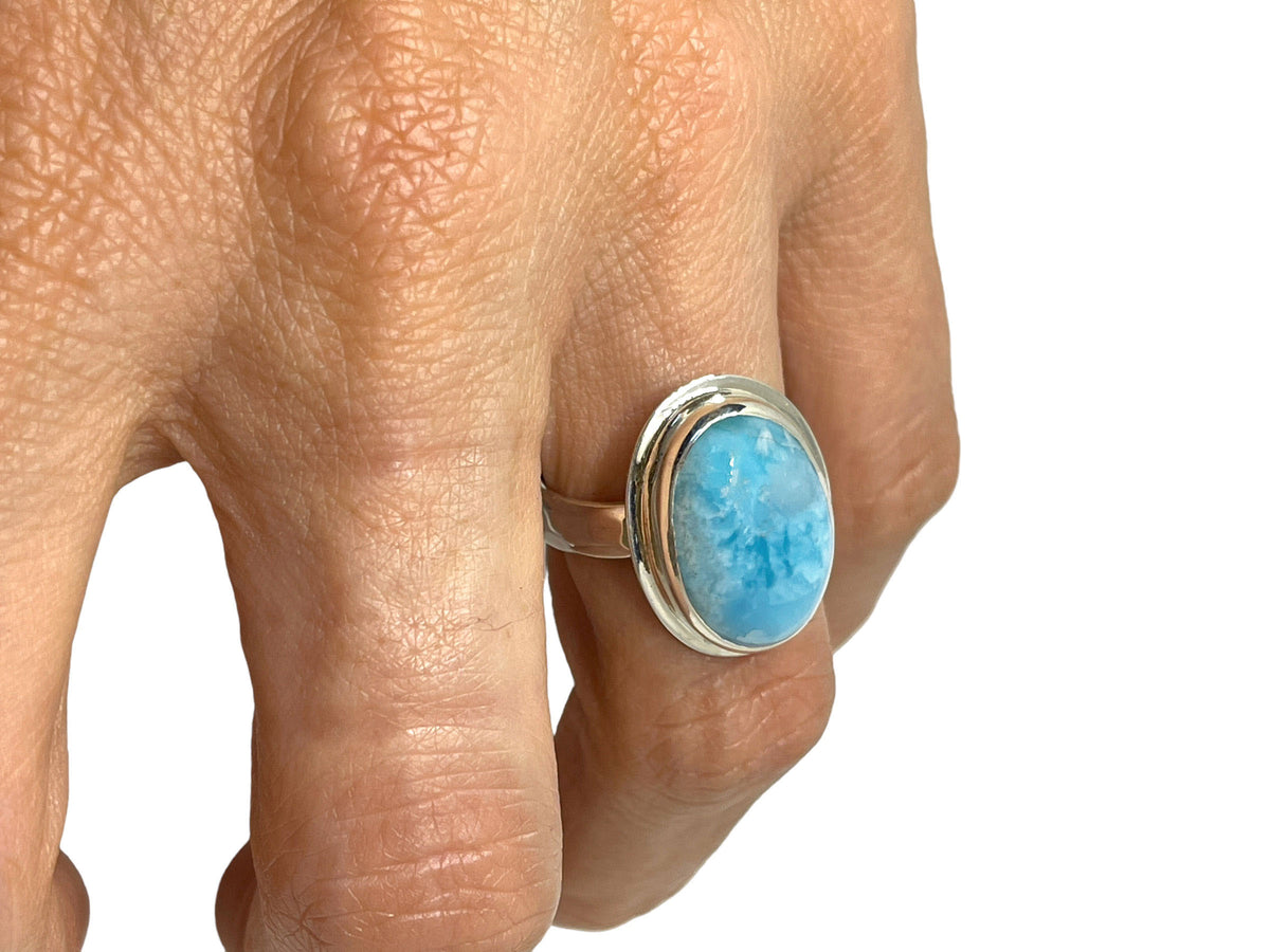 Oval Caribbean Larimar Silver Ring Size 7