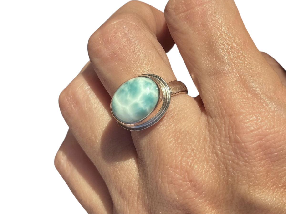 High Dome Oval Larimar Ring Sterling Silver Size 8