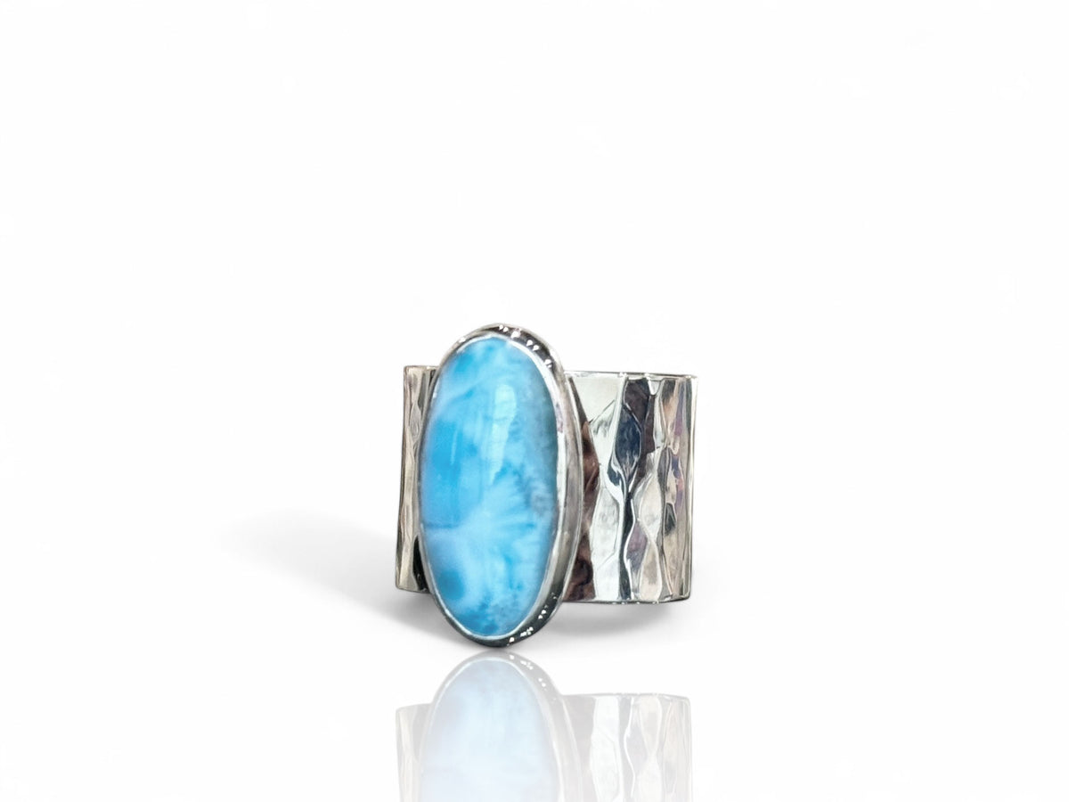 Larimar Oval Ring with Wide Hammered Band Sterling Silver