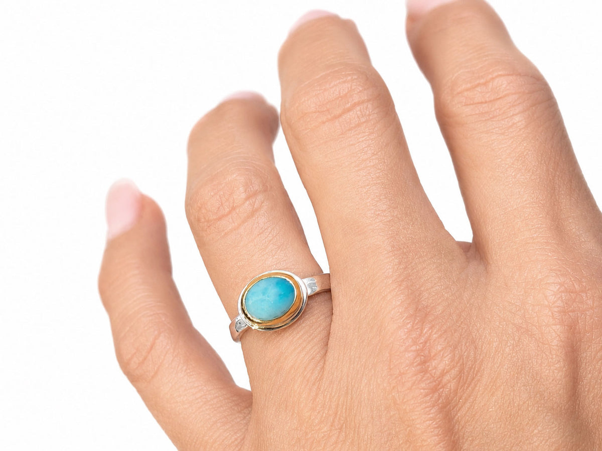 Larimar Oval Ring Two Tone Solitaire Size 7