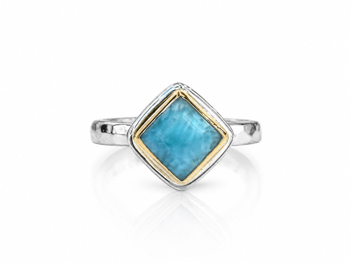Square Larimar Ring Ring Silver and Gold Size 6-1/2