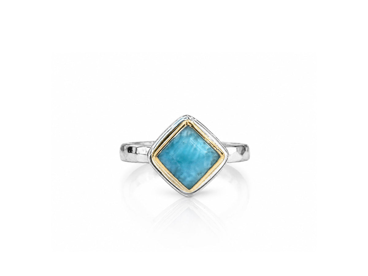 Square Larimar Ring Ring Silver and Gold Size 6-1/2