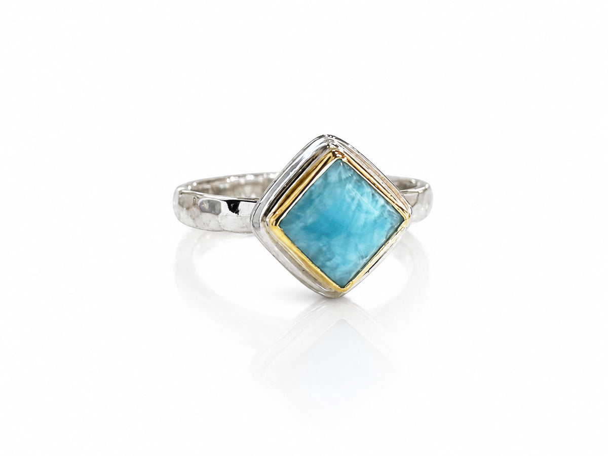 Square Larimar Ring Ring Silver and Gold Size 6-1/2