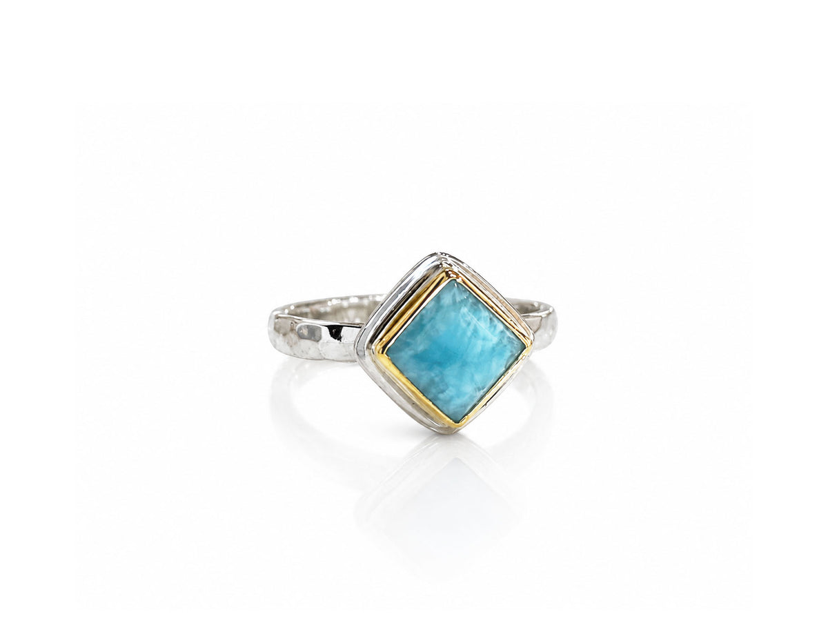 Square Larimar Ring Ring Silver and Gold Size 6-1/2