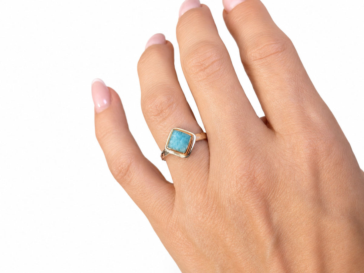 Square Larimar Ring Ring Silver and Gold Size 6-1/2