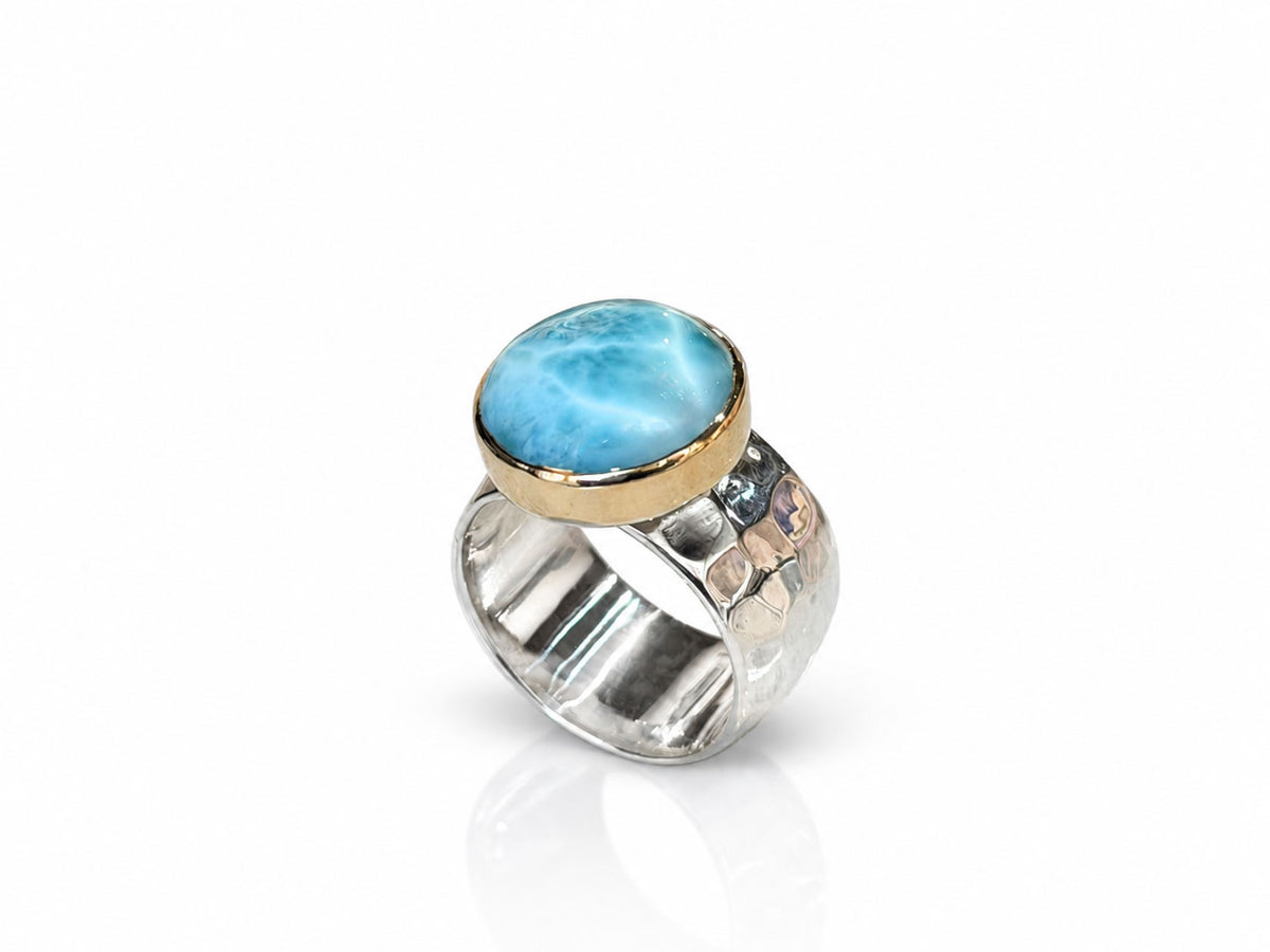 Round Larimar Ring with Wide Hammered Band Silver and Gold