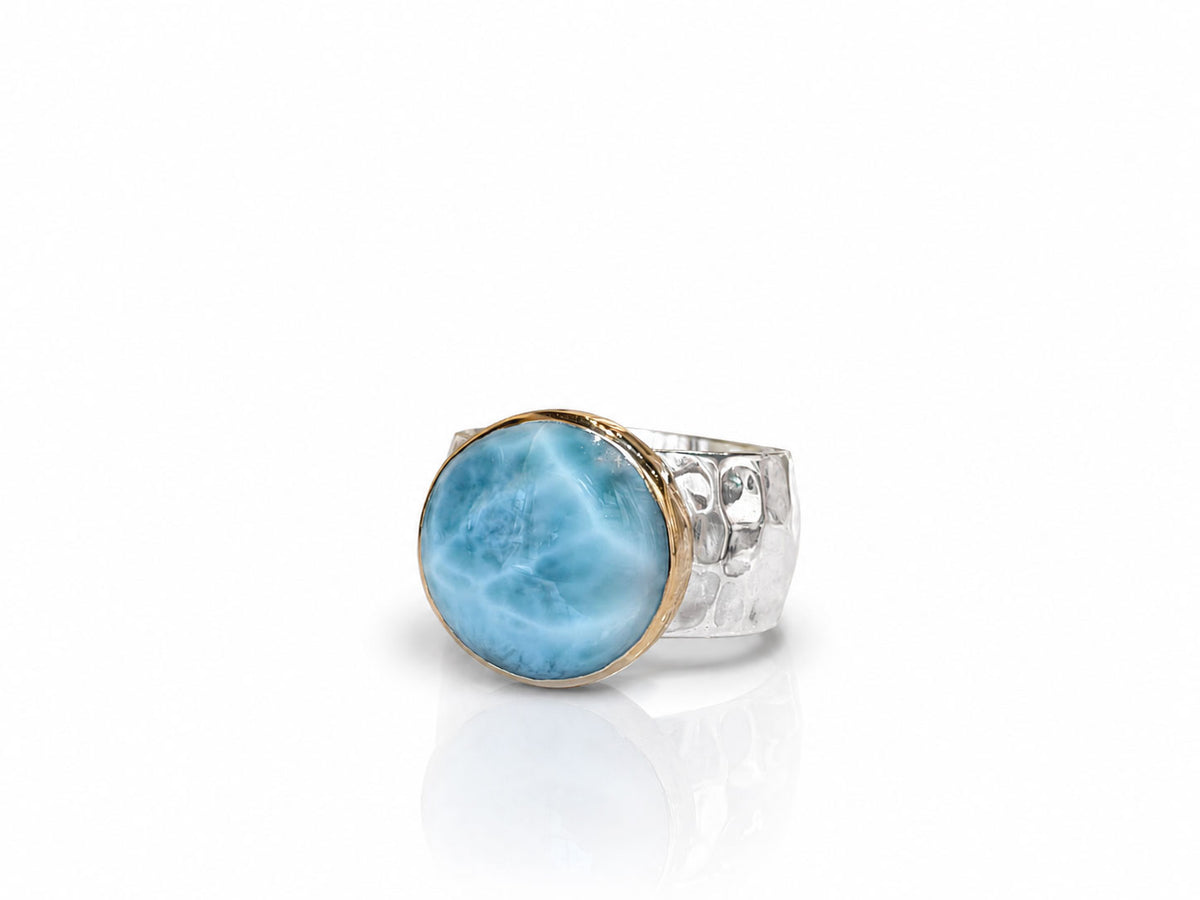 Round Larimar Ring with Wide Hammered Band Silver and Gold